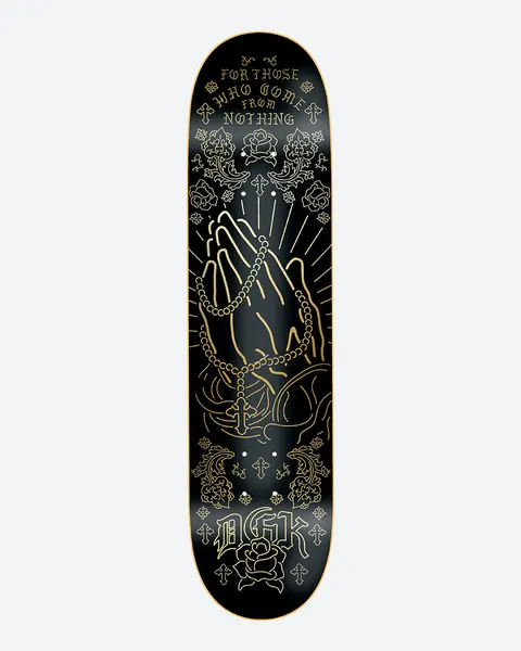 DGK Confession 8.5 skateboard deck: Gold line illustration on black of praying hands wrapped in rosary beads, with radiating lines, roses, crosses and ornate scrolls, and an old-English DGK logo at the base.