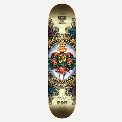DGK Corazon 8.38 skateboard deck: Gold marbled deck with a flaming sacred heart wrapped in yellow and orange roses and dripping blood, ringed by a gold chain and baroque scrollwork with more roses at the corners.