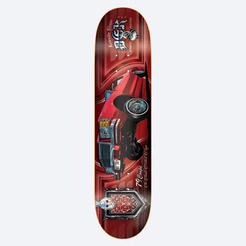 DGK Coupe 8.0 skateboard deck: Illustration of a red lowrider 79 Coupe with wire wheels over a red patterned background, with a Lowside Clique emblem at the top and an ornate frame with a hockey-masked figure at the bottom.