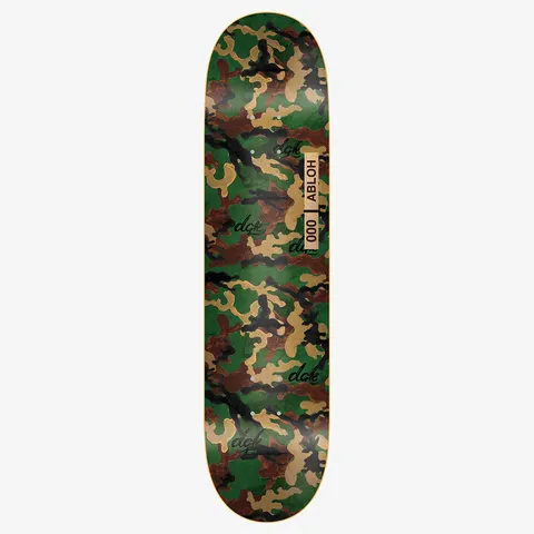 DGK Williams x Abloh skateboard deck: Green, tan and brown woodland camouflage pattern across the whole deck, repeated with small black DGK script tags. A tan label near the middle reads 000 and Abloh.