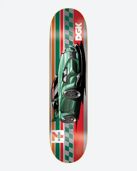 DGK x 7 - Eleven 8.25 skateboard deck: Green sports car seen from above, racing down the deck over 7-Eleven orange, green and red stripes with chequered edges and silver panels; white DGK logo at the top and 7-Eleven logo at the bottom.