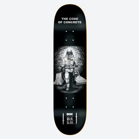 DGK x Baku 8.5 skateboard deck: A black and white engraving-style soldier in helmet and mask walks between concrete barriers carrying a severed skull, framed by a dark tunnel of trees. Title text above and collaboration logos with daggers below.