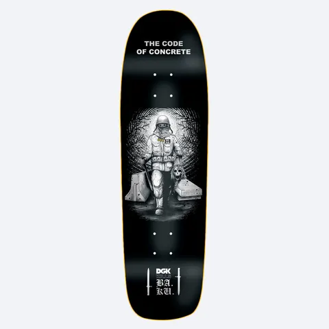 DGK x Baku 8.75 skateboard deck: A black and white engraving-style soldier in helmet and mask walks between concrete barriers carrying a severed skull, framed by a dark tunnel of trees. Title text above and collaboration logos with daggers below.