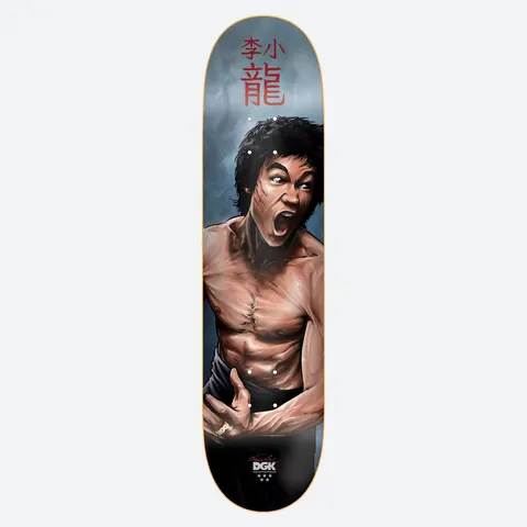 DGK x Bruce Lee No Way as Way skateboard deck: Painted portrait of a shirtless martial artist with a scratched chest, mouth open in a shout, in a fighting pose against a stormy blue-grey background. Red Chinese characters are at the nose and a DGK logo at the tail.