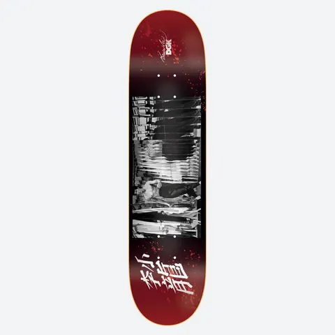DGK x Bruce Lee Reflection skateboard deck: Black and white photograph of a shirtless martial artist reflected in many mirror panels, set across a dark red deck with blood-red splatter. White Chinese characters at the base and a signature with the DGK logo at the top.