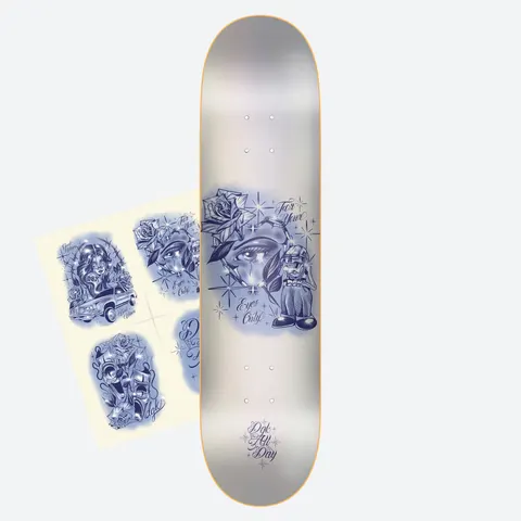 DGK x Hans Carreon Love 8.06 skateboard deck: Blue-toned airbrush tattoo-flash artwork of a rose, a crying eye and a small figure in a hat with sparkles, on a pearly silver deck. A sheet of matching designs lies beside it, with 'Dgk All Day' script at the tail.