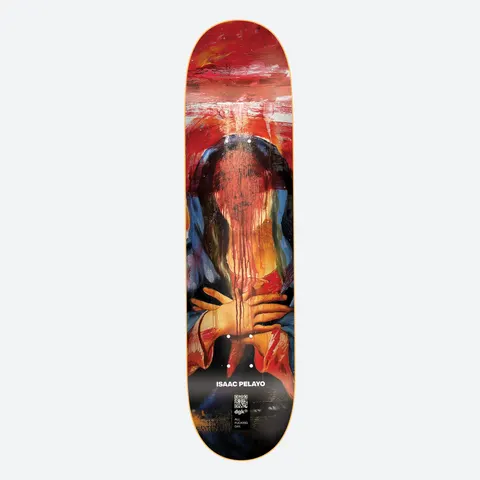 DGK x Isaac Pelayo skateboard deck: Expressionist painting of a veiled robed figure with praying hands whose face is smeared with dripping red paint, against a red sky. Name, QR code and DGK logo at the bottom.
