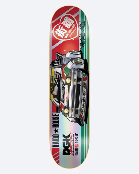 DGK x Kaido House Raceway Rainbow Prismatic skateboard deck: Illustration of a rally-style racing car viewed from the front, on a red and silver prismatic background with green stripes, a heart-shaped Kaido House logo at the top and DGK and Kaido House branding with Japanese text at the foot.