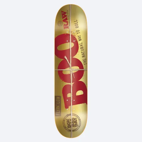 DGK x Raw Boo 8.25 skateboard deck: A parody of a gold RAW rolling papers pack, with a large red BOO and a twine bow tied around the deck. The natural way to roll tagline, Flyin' Low label and a DGK All Day stamp complete it.