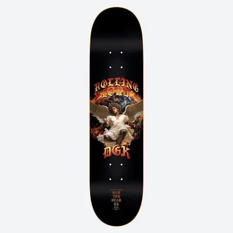 DGK x Rolling Loud 8.25 skateboard deck: Winged angel figure in white robes in front of flames and a dark globe, with blackletter Rolling Loud above and a red DGK logo below. Small text near the tail.