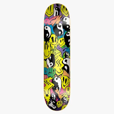 DGK Dose 8.1 skateboard deck: Dense collage of melting, dripping yellow smiley faces and black and white yin-yang symbols, with DGK letters in graffiti style, over blue, purple, green and pink.