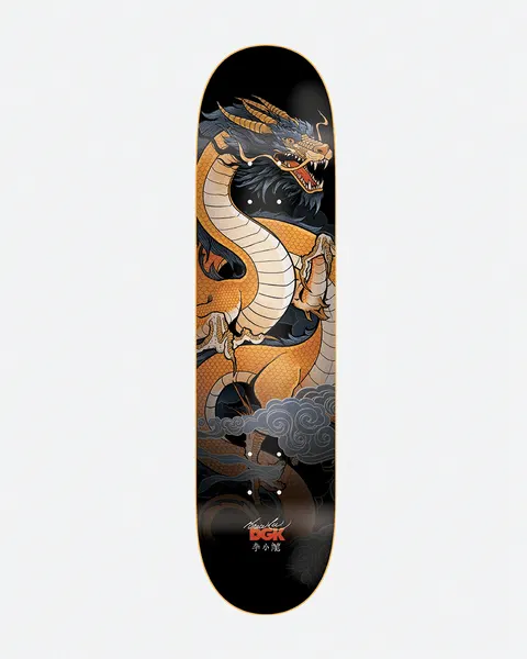 DGK x Bruce Lee Dragon Lee Lenticular skateboard deck: Illustration of a golden-scaled Chinese dragon with a white belly coiling through grey clouds on a black background, with a signature, DGK logo and Chinese characters at the bottom.