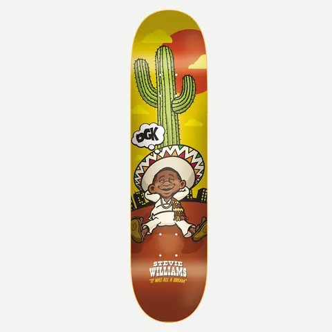 DGK Dreamer Stevie 8.06 skateboard deck: A cartoon boy in a sombrero, with his hands behind his head, sits dreaming in front of a tall cactus and city skyline, with a DGK thought bubble, under a red sun on a yellow-to-brown gradient.