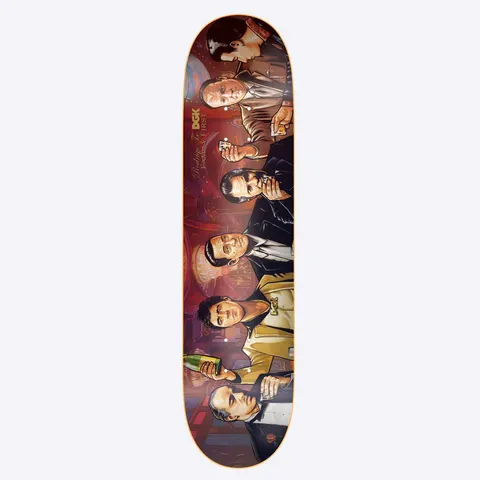 DGK Dynasty TX skateboard deck: A painted illustration of five men in suits seated along a table in a dimly lit red-toned casino or restaurant, with drinks and cards. The DGK logo and script text appear near the top.