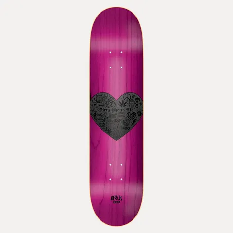 DGK Feels Boo 8.25 skateboard deck: A black heart packed with small tattoo-style icons including a peace sign, leaf, dice, ghost and DGK marks, with text lines across it, on a pink-magenta stained deck. Small logo lettering near the tail.