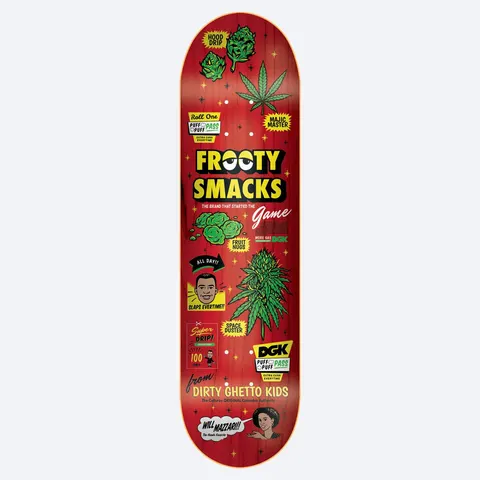 DGK Frooty Smacks Mazzari 8.38 skateboard deck: A parody cereal box design on a red deck with cannabis leaves and buds, retro speech bubbles, stickers and a smiling cartoon portrait, under a large FROOTY SMACKS title.