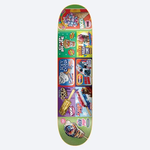 DGK Frost 8.25 skateboard deck: A grid of colourful parody ice-lolly and ice-cream packaging panels, including a gold bar, a red, white and blue rocket pop, a cone and a watch on a stick, with DGK branding throughout.