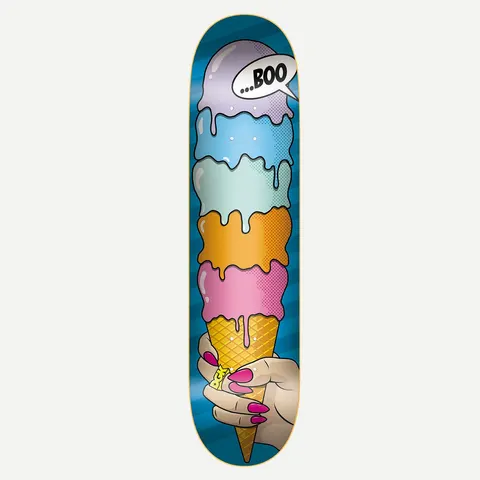 DGK Frozen Boo 8.25 skateboard deck: Comic pop-art illustration of a hand with long pink nails holding a tall ice cream cone with five dripping scoops in pastel colours, the top scoop with a speech bubble saying ...BOO, on a blue striped background.