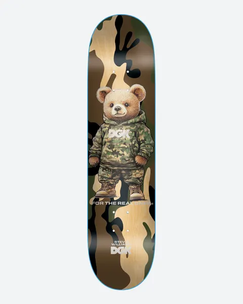 DGK FTRO Stevie skateboard deck: Realistic teddy bear dressed in a camouflage hoodie, trousers and boots with a DGK logo on the chest, over a brown and tan camo pattern. For the real ones slogan and rider name at the tail.