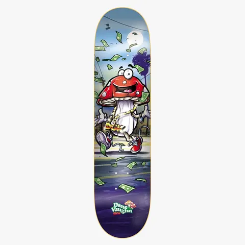DGK Fun Guy Vaughn 8.1 skateboard deck: Cartoon red-capped mushroom wearing a gold DGK chain and trainers, running down a street at night while dollar bills fly around him, with a palm tree and moon behind. Rider name and small mushroom logo at the bottom.