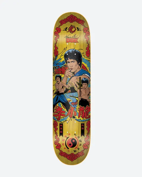DGK x Bruce Lee Fury skateboard deck: Yellow wood-grain deck with a red cloud-pattern border, showing an illustrated martial artist in three poses, one holding nunchaku, in front of a blue dragon. Red Chinese characters, a yin-yang symbol and a DGK logo with signature complete it.