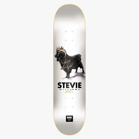 DGK G.O.A.T. Stevie 8.38 skateboard deck: A painted black goat wearing a gold crown and a chunky gold chain stands on a white deck, with a soft shadow beneath. The rider's name and a gold signature sit below it, above a DGK logo.