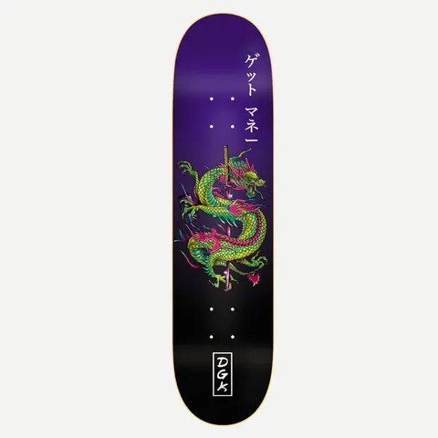 DGK Get Money Purple 8.06 skateboard deck: A green and pink Chinese-style dragon coils around a sword on a deck that fades from purple to black. Japanese katakana characters sit above it, with a boxed DGK logo at the tail.
