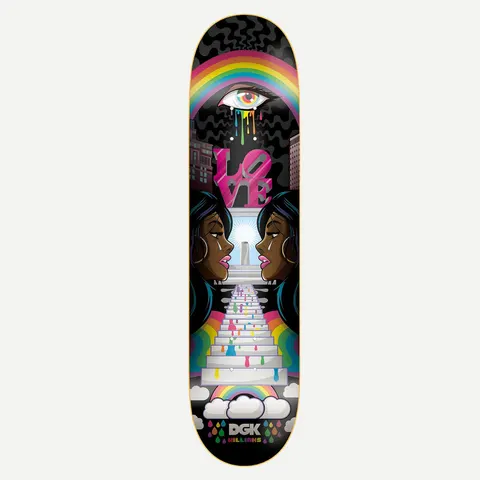 DGK Ghetto Psych Stevie 8.06 skateboard deck: Black deck with two mirrored crying women in profile facing each other, a rainbow and tearful eye above, a pink LOVE sculpture and a white staircase with rainbow drips leading to a light. DGK logo at the tail.