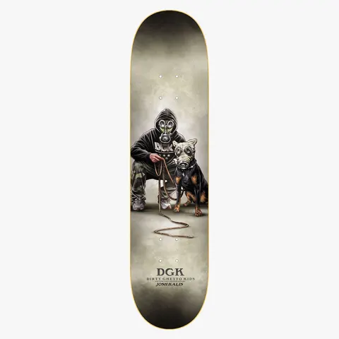 DGK Armageddon Josh Kalis 8.06 skateboard deck: Realistic painted illustration of a hooded figure in a gas mask crouching beside a rottweiler also wearing a gas mask, holding a long leash, against a smoky grey-green backdrop. DGK logo and rider name sit at the bottom.