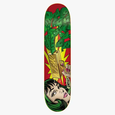 DGK Bang Chaz Ortiz 8.1 skateboard deck: Comic-book style scene on red: a green-haired woman with pink nails holding a gold bar shaped like a gun, firing a burst of dollar bills over a yellow explosion. A speech bubble reads Ortiz.