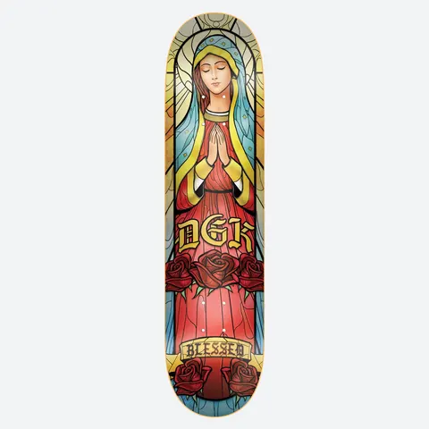 DGK Glass 8.25 skateboard deck: Stained-glass style praying Madonna in blue veil and red robe, with gothic DGK lettering across her chest, red roses and a Blessed banner below.