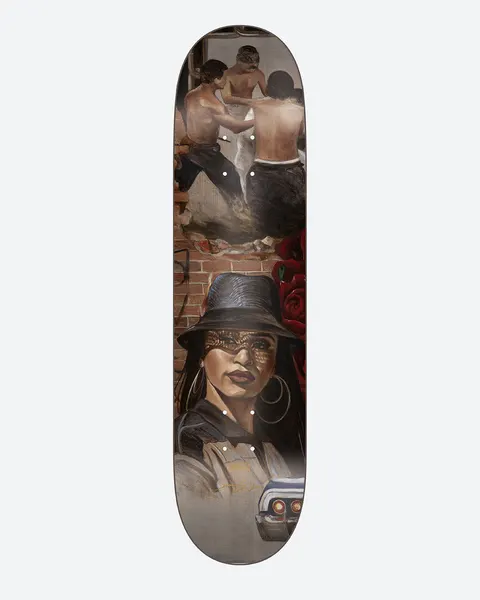 DGK Godffiti No.1 8.0 skateboard deck: Painted realistic scene: three shirtless men scuffling in a doorway above a woman in a bucket hat and hoop earrings, lace across her eyes, with red roses, brick wall and the front of a lowrider car.