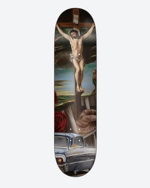 DGK Godffiti No.3 8.1 skateboard deck: Painted Renaissance-style crucifixion scene with Christ on the cross under a stormy sky, a red rose and a hand holding a nail at the bottom, and the front of a lowrider car at the tail.