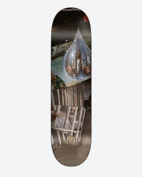 DGK Godffiti No.4 8.25 skateboard deck: Painted scene of a man in a water-drop bubble gripping prison bars above a moustached man in a white shirt behind wooden bars, with a figure in green robes at the side.