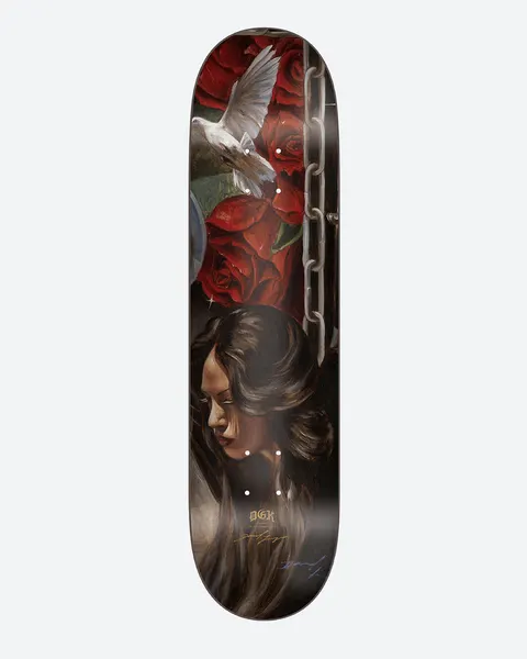 DGK Godffiti No.5 8.25 skateboard deck: Painterly portrait of a woman with long dark hair, eyes closed, beneath red roses, a white dove and a heavy chain, in dark moody tones. Small gold DGK logo and signature near the tail.