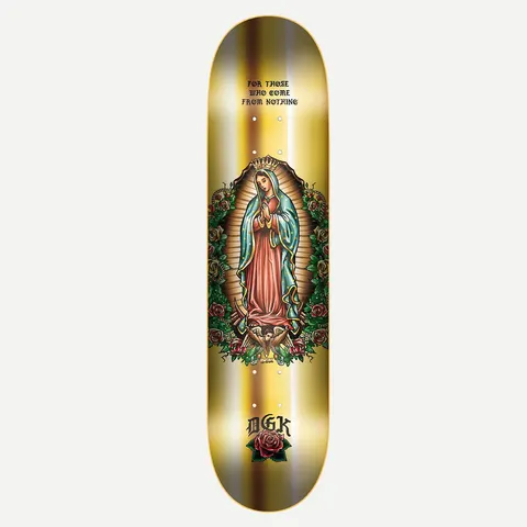 DGK Grace Foil 8.25 skateboard deck: A tattoo-style praying Virgin Mary in a red robe and teal mantle, with a crown and a halo of rays, ringed by green leaves and red roses, on a gold foil deck. A rose sits under the logo.