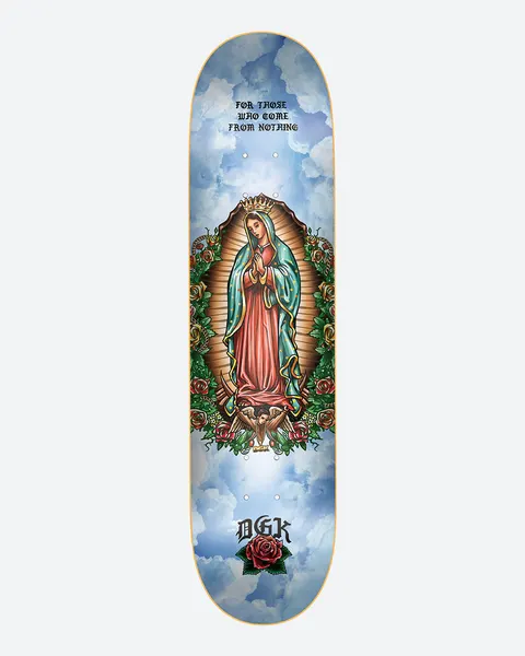 DGK Grace Sky 8.25 skateboard deck: Painted Virgin of Guadalupe figure in a gold mandorla framed by roses and an angel, against a cloudy blue sky, with a DGK logo and rose at the base.