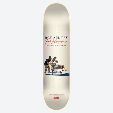 DGK Greatness The Harpers 8.0 skateboard deck: Cream deck styled like a film poster, with a photo of two adults pushing a child in a shopping trolley. Navy and red titles above and a red DGK logo below.