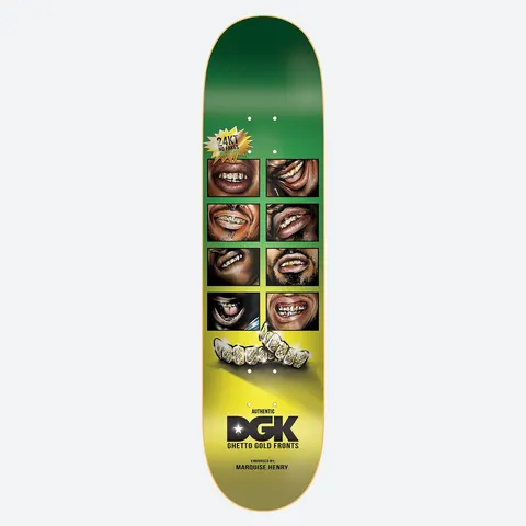 DGK Grillz Quise 8.1 skateboard deck: A grid of eight close-up photos of mouths wearing gold teeth above a pair of diamond-set grillz, on a green to yellow gradient. A 24KT starburst sits at the top left and the DGK logo below.