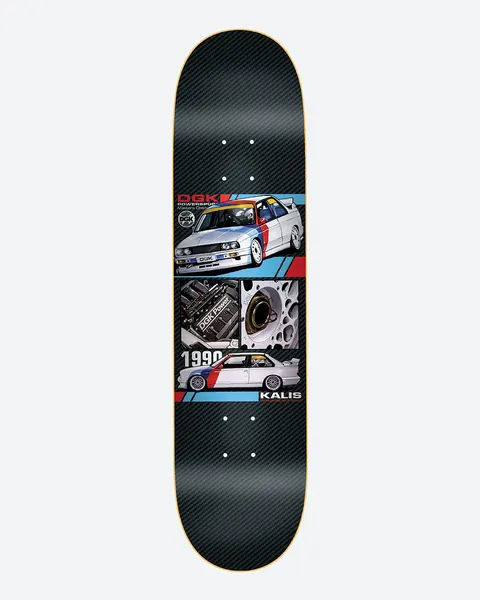 DGK Group 5 Kalis 8.06 skateboard deck: Carbon-fibre-pattern deck with a magazine-style layout of a white BMW touring car with red and blue stripes, an engine bay and brake close-up, and a side view dated 1990. DGK logos and the rider name appear on the panels.