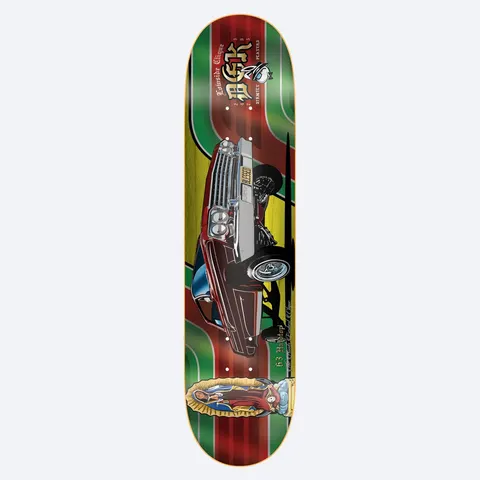 DGK Hardtop 8.25 skateboard deck: Lowrider hardtop car in dark red with chrome trim, drawn in profile across the deck over green, red and yellow striped panels. DGK Lowside Clique logo at the top and a Virgin of Guadalupe image at the bottom.