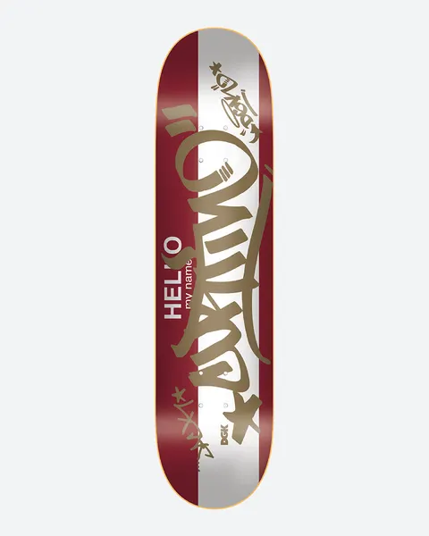 DGK Hello Curtin skateboard deck: Hello My Name Is name-tag design: maroon deck with a white central band, large gold graffiti tag handwriting across it, 'Hello my name' lettering and a small DGK logo near the tail.