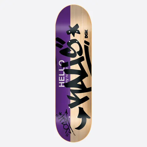 DGK Hello My Name is Kalis 8.06 skateboard deck: A name-tag design: the deck is purple on one side and bare natural wood on the other, with 'HELLO my name is' in white and a large black graffiti tag reading Kalis. A small signature and DGK logo are included.