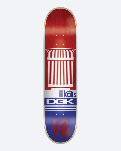 DGK Heritage Kalis 8.06 skateboard deck: White litter bin silhouette on a red upper half, with Josh Kalis and a cup icon, a large DGK logo bar, and a red LOVE sculpture-style logo on a blue lower half.