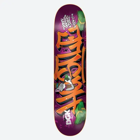 DGK Hustle 8.06 skateboard deck: Large orange graffiti-style lettering outlined in black on a purple deck, with a cartoon cat in a hat and mask holding a card, and stacks of green banknotes at the top and bottom, plus a white tag at the nose.