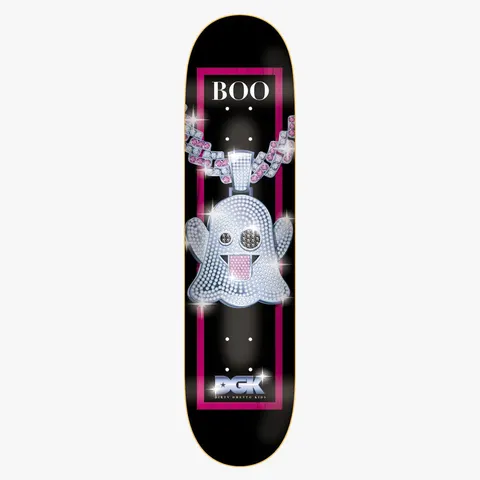 DGK Iced Boo 8.25 skateboard deck: Diamond-encrusted ghost emoji pendant hanging from a jewelled chain with pink stones and sparkles, inside a magenta frame on a black deck, with BOO in white at the top and the DGK logo at the bottom.