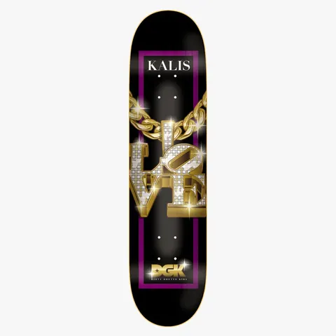 DGK Iced Kalis 8.0 skateboard deck: Gold chain holding a diamond-encrusted gold 'LOVE' sculpture-style pendant with sparkles, on black with a purple border. 'KALIS' in white capitals at the top and DGK logo at the bottom.