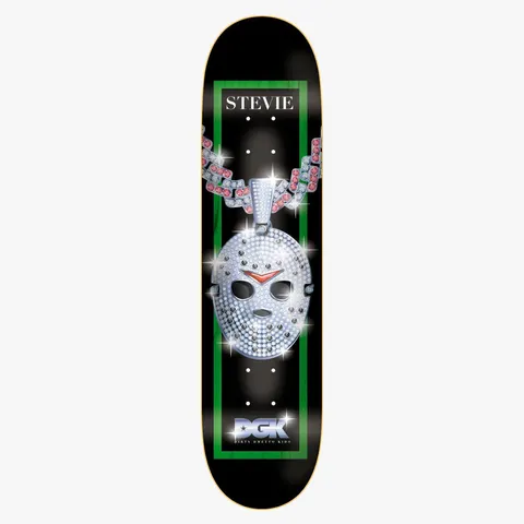 DGK Iced Stevie 8.1 skateboard deck: Black deck with a green border frame holding a sparkling diamond-encrusted hockey mask pendant on a jewelled chain. STEVIE is printed at the top and the DGK logo at the tail.