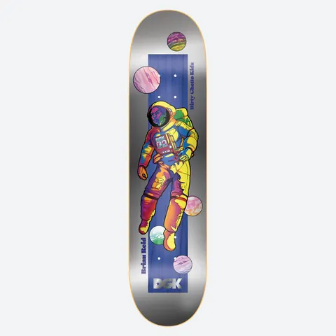 DGK Intergalactic Brian Reid skateboard deck: A colourful astronaut in a yellow, red and blue suit floats among marbled planets on a deep blue panel, on a metallic silver deck. Brian Reid and Dirty Ghetto Kids printed along the sides, DGK logo at the tail.