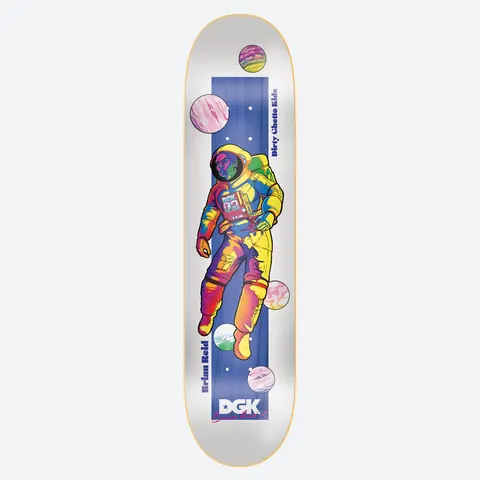 DGK Intergalactic White Brian Reid skateboard deck: An astronaut in a rainbow-coloured spacesuit floats against a blue vertical band, surrounded by marbled planets, on a white deck. Brian Reid, Dirty Ghetto Kids and the DGK logo are printed around it.